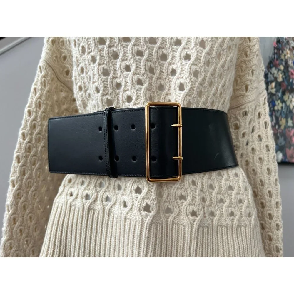 Alexander McQueen Black Leather Wide Belt with Gold Buckle